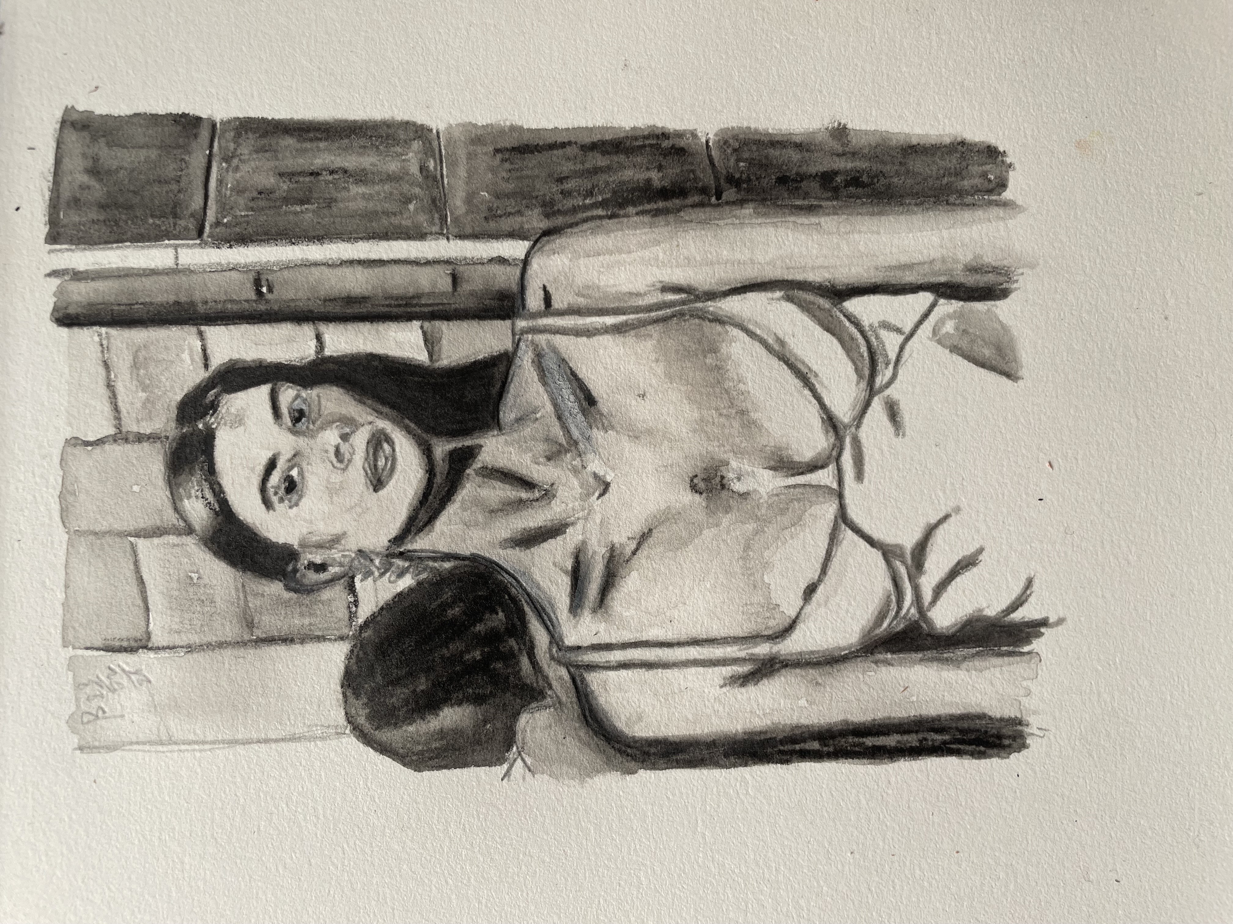 Jeune fille au miroir, Encre et graphite sur papier, 2025